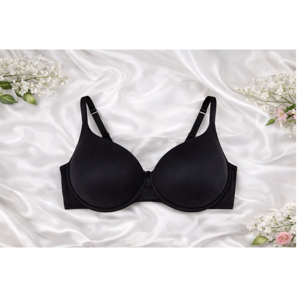 Cacique Lined Balconette Bra Smooth Cup Black‎ Cotton Knit T-Shirt Size 46DD